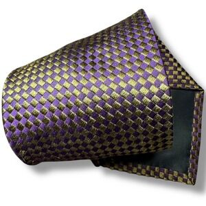 SAXONY COLLECTION Purple Gold Checkered 100% Silk Tie Men's Woven Neckwear